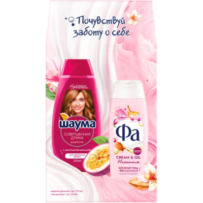 Изображение товара Подарочный набор Шаума Совершенная длина шампунь для волос 370 мл, Фа Cream&Oil магнолия гель для душа 250 мл