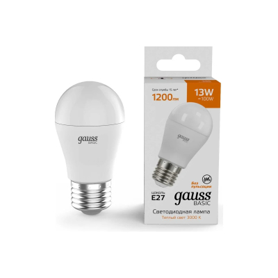 Изображение товара Лампа Gauss Basic Шар 13W 1200lm 3000K E27 светодиодная Изображение товара Лампа Gauss Basic Шар 13W 1200lm 3000K E27 светодиодная