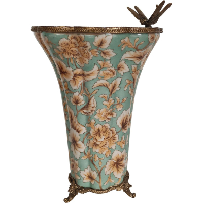 Изображение товара Ваза Glasar со стрекозой и цветами, мятная, 23x21x32 см