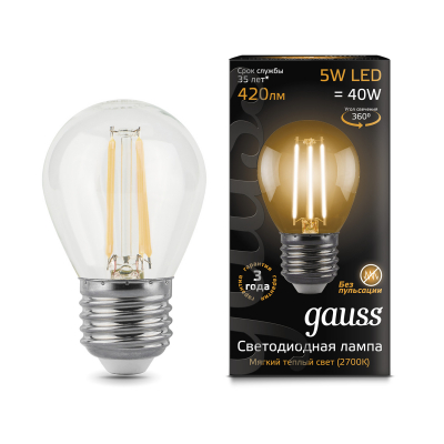 Изображение товара LED лампа GAUSS Филамент Globe E27 5W 2700K 1/10/50 для стильного освещения Изображение товара LED лампа GAUSS Филамент Globe E27 5W 2700K 1/10/50 для стильного освещения