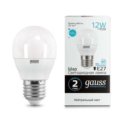 Изображение товара Лампа Gauss LED Elementary Шар 12W 920lm E27 4100K 1/10/100