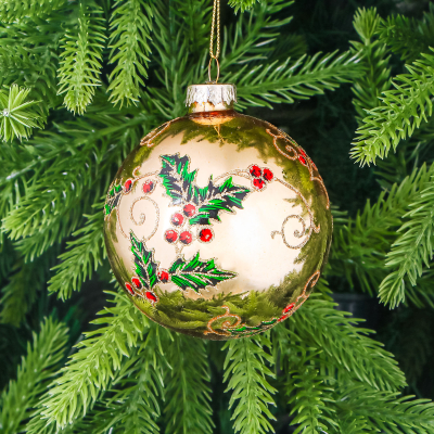 Изображение товара Стеклянный шар Yancheng Shiny с новогодним узором 8 см золотистый
