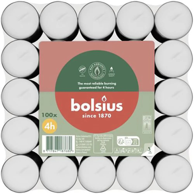 Изображение товара Свечи чайные Bolsius 100 шт белые 4 часа продолжительность Изображение товара Свечи чайные Bolsius 100 шт белые 4 часа продолжительность