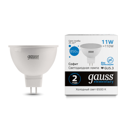 Изображение товара Светодиодная лампа Gauss MR16 11W 6500K GU5.3 для внутреннего и уличного освещения