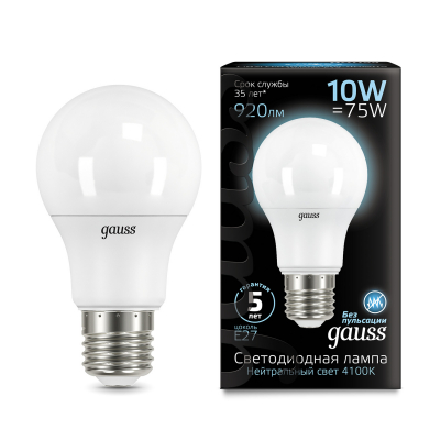 Изображение товара Светодиодная лампа Gauss LED A60 10W E27 920lm 4100K - экономия и яркий свет Изображение товара Светодиодная лампа Gauss LED A60 10W E27 920lm 4100K - экономия и яркий свет