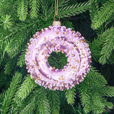 Изображение товара Стеклянная ёлочная игрушка пончик 9x3x11 см Yancheng Shiny Розовая