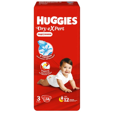 Изображение товара Подгузники Huggies Dry eXpert 3 размер 4-9 кг 58 ш Изображение товара Подгузники Huggies Dry eXpert 3 размер 4-9 кг 58 ш