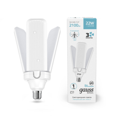 Изображение товара Лампа светодиодная Gauss BASIC 22W 4000K E27 КЛЕВЕР-3 с изменяемым углом освещения Изображение товара Лампа светодиодная Gauss BASIC 22W 4000K E27 КЛЕВЕР-3 с изменяемым углом освещения