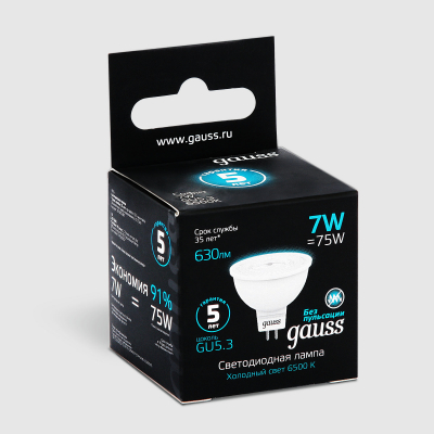 Изображение товара Лампа светодиодная Gauss MR16 7W 630LM 6500K GU5.3