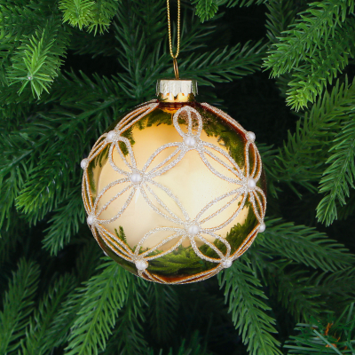 Изображение товара Ёлочная игрушка стеклянный шар Yancheng Shiny золотистый 8 см с орнаментом