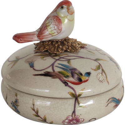 Изображение товара Шкатулка Glasar бежевая с розовой птичкой 11x11x10 см