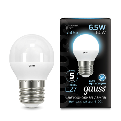 Изображение товара Светодиодная лампа Gauss LED Globe E27 6.5W 4100K для дома и офиса Изображение товара Светодиодная лампа Gauss LED Globe E27 6.5W 4100K для дома и офиса