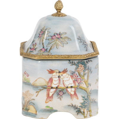 Изображение товара Шкатулка Glasar с попугаями из фарфора и бронзы, ручная работа, 14х14х20 см