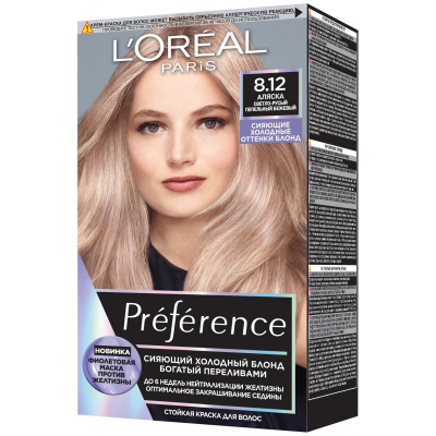 Изображение товара Краска для волос Loreal Preference Cool Blondes 8.12 Аляска профессиональное окрашивание Изображение товара Краска для волос Loreal Preference Cool Blondes 8.12 Аляска профессиональное окрашивание