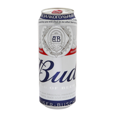 Изображение товара Безалкогольное светлое фильтрованное пиво Bud 0,45 л в жестяной банке Изображение товара Безалкогольное светлое фильтрованное пиво Bud 0,45 л в жестяной банке