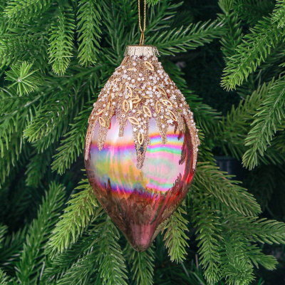 Изображение товара Стеклянный елочный шар розовый с белым бисером 7х14 см Yancheng Shiny