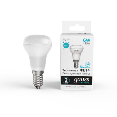 Изображение товара Lampa Gauss Elementary R50 6W 450lm 4100K Е14 LED для акцентного освещения Изображение товара Lampa Gauss Elementary R50 6W 450lm 4100K Е14 LED для акцентного освещения