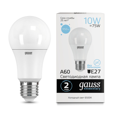 Изображение товара Светодиодная лампа Gauss Elementary A60 10W E27 6500K - энергоэффективное освещение