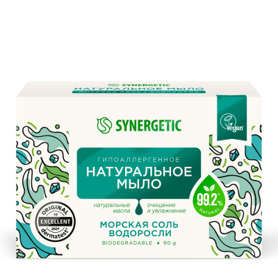 Изображение товара Натуральное твердое мыло Synergetic Морская соль и водоросли 90 г для тела и рук