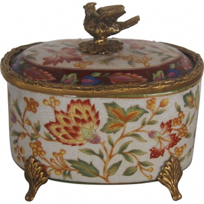 Изображение товара Шкатулка Glasar бежевая с бронзовой птичкой на крышке и на бронзовых ножках с цветочным принтом, 13х10х12 см