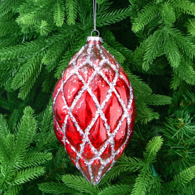 Изображение товара Игрушка ёлочная Yancheng Shiny стеклянная красная с блёстками 12х20 см