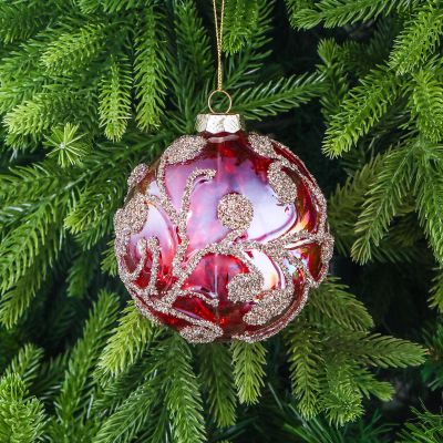 Изображение товара Стеклянный новогодний шар Yancheng Shiny 10 см с узором для елки