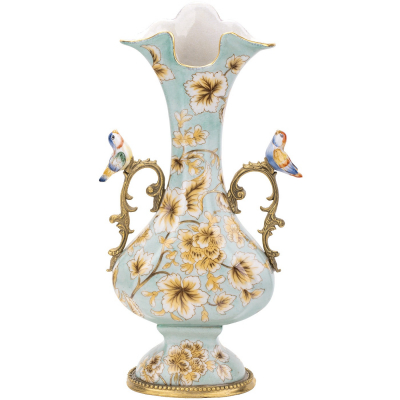 Изображение товара Ваза с птичками Glasar 17х10х33 см из фарфора и бронзы для интерьера