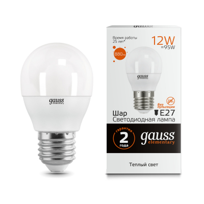 Изображение товара Лампа Gauss LED Elementary Шар 12W 880lm E27 3000K 1/10/100