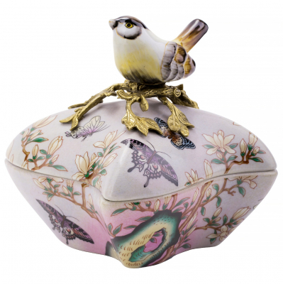 Изображение товара Шкатулка с птичкой Glasar из фарфора и бронзы, 15х15х16 см, ручная работа