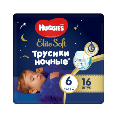 Изображение товара Трусики-подгузники Huggies Elite Soft №6 ночные для детей 15-25 кг 16 шт