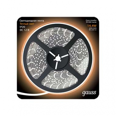 Изображение товара Лента Gauss LED 5050 60 LED/m 12V теплый белый 5м с клеевой основой Изображение товара Лента Gauss LED 5050 60 LED/m 12V теплый белый 5м с клеевой основой