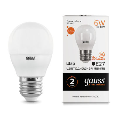 Изображение товара Gauss LED Elementary Globe 6W E27 3000K энергосберегающая светодиодная лампа Изображение товара Gauss LED Elementary Globe 6W E27 3000K энергосберегающая светодиодная лампа