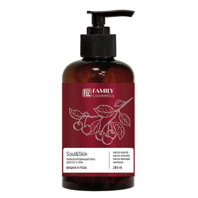Изображение товара Парфюмированный крем для рук и тела Вишня и Роза Soul&Skin 285 мл Изображение товара Парфюмированный крем для рук и тела Вишня и Роза Soul&Skin 285 мл