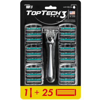 Изображение товара Мужская бритва Toptech global PRO 3 с 25 кассетами качественная и удобная Изображение товара Мужская бритва Toptech global PRO 3 с 25 кассетами качественная и удобная