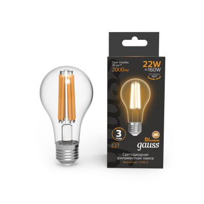 Изображение товара Лампа Gauss Filament А70 22W 2000lm 2700К Е27 LED Изображение товара Лампа Gauss Filament А70 22W 2000lm 2700К Е27 LED