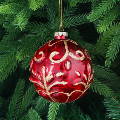 Изображение товара Стеклянная елочная игрушка шар красный с золотистым узором 10 см Yancheng Shiny