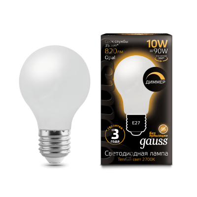 Изображение товара Лампа Gauss LED Filament A60 OPAL диммируемая 10W E27 2700K 820лм Изображение товара Лампа Gauss LED Filament A60 OPAL диммируемая 10W E27 2700K 820лм