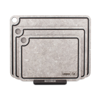 Изображение товара Набор разделочных досок ComposeEat на подставке 3 шт серый с желобами для кухни Изображение товара Набор разделочных досок ComposeEat на подставке 3 шт серый с желобами для кухни