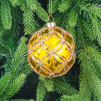 Изображение товара Игрушка ёлочная Mercury NY шар стеклянный золотистый с узором из блёсток 8 см