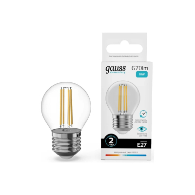 Изображение товара LED лампа Gauss Filament Elementary Шар 10W 670lm Е27 нейтральный свет Изображение товара LED лампа Gauss Filament Elementary Шар 10W 670lm Е27 нейтральный свет