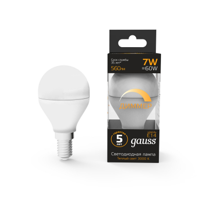 Изображение товара Лампа Gauss LED Шар-dim E14 7W 560lm 3000К диммируемая Изображение товара Лампа Gauss LED Шар-dim E14 7W 560lm 3000К диммируемая