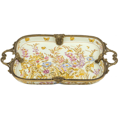 Изображение товара Блюдо Glasar с ручками 47x28x5 см фарфор и бронза желтое