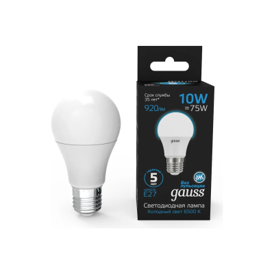 Изображение товара Лампа Gauss A60 10W 920lm 6500K E27 LED Изображение товара Лампа Gauss A60 10W 920lm 6500K E27 LED
