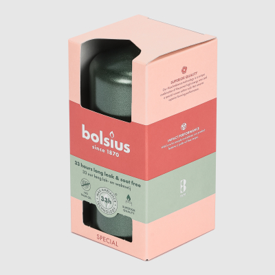 Изображение товара Свеча столбик Bolsius зелёный металлик 12х5.8 мм, длительное горение 33 часа