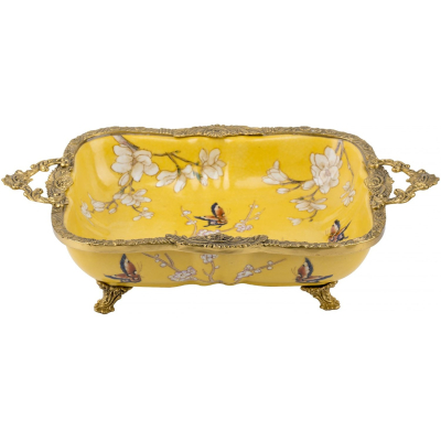 Изображение товара Блюдо Glasar на ножках с ручками 34х21х10 см желтое фарфор бронза