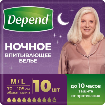 Изображение товара Женские ночные впитывающие трусики Depend M/L 10 шт, урологические, анатомическая форма