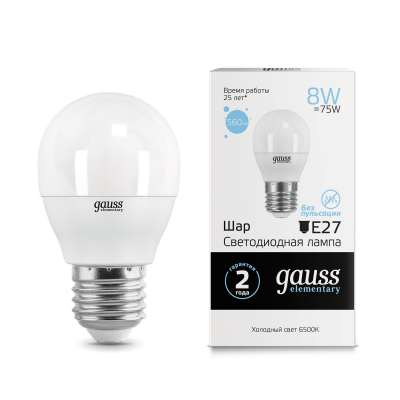 Изображение товара Светодиодная лампа Gauss Elementary Globe 8W E27 6500K для дома и офиса Изображение товара Светодиодная лампа Gauss Elementary Globe 8W E27 6500K для дома и офиса