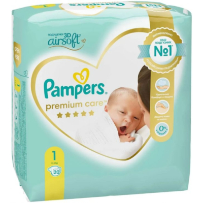 Изображение товара Подгузники Pampers Premium care для новорождённых 1 размер 2-5 кг 20 шт Изображение товара Подгузники Pampers Premium care для новорождённых 1 размер 2-5 кг 20 шт