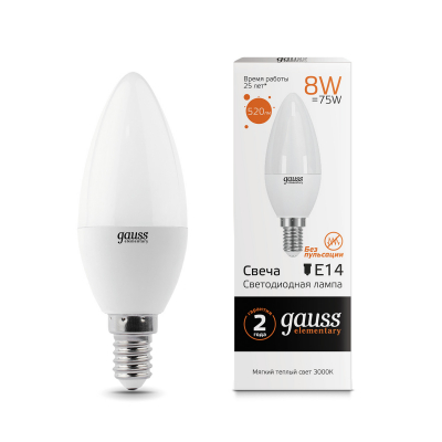 Изображение товара Светодиодная лампа Gauss Elementary Candle 8W E14 3000K для уютного освещения