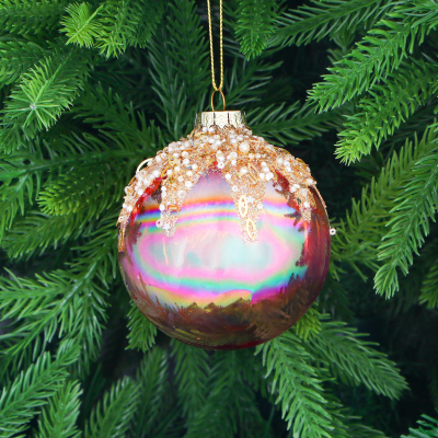 Изображение товара Ёлочная стеклянная игрушка шар розовый с бисером 8 см Yancheng Shiny